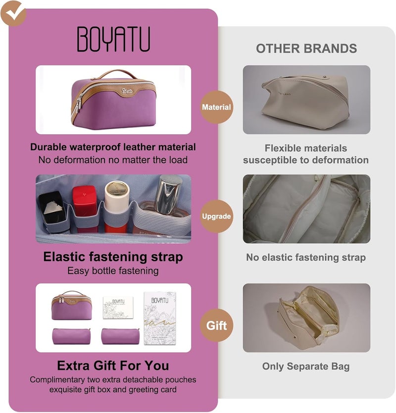 BOYATU Travel Makeup Bag Organizer Cosmetic Bag: 3 Pcs Set Make up Bags for Women with Handle - Waterproof Vegan Leather Toiletry Bags Travel Essentials Pouch with Compartments (A-05-Purple) - Image 2